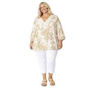 Context Linen Blend Crochet Trim Tunic Top Womens 3X Botanical Resortwear Flowy